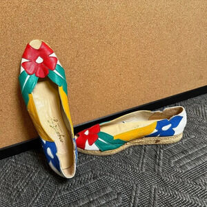 Vintage Floral Rattan Peep Toe Platform Leather Shoes in Women's 9